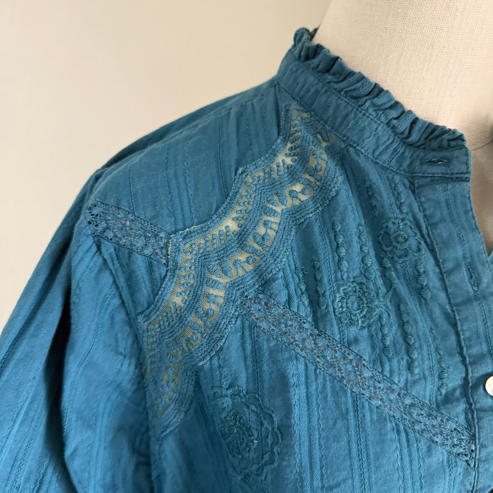 Sundance Blue Embroidered Cotton Boho Blouse Lace Ruffle Large Cottagecore - Picture 6 of 10
